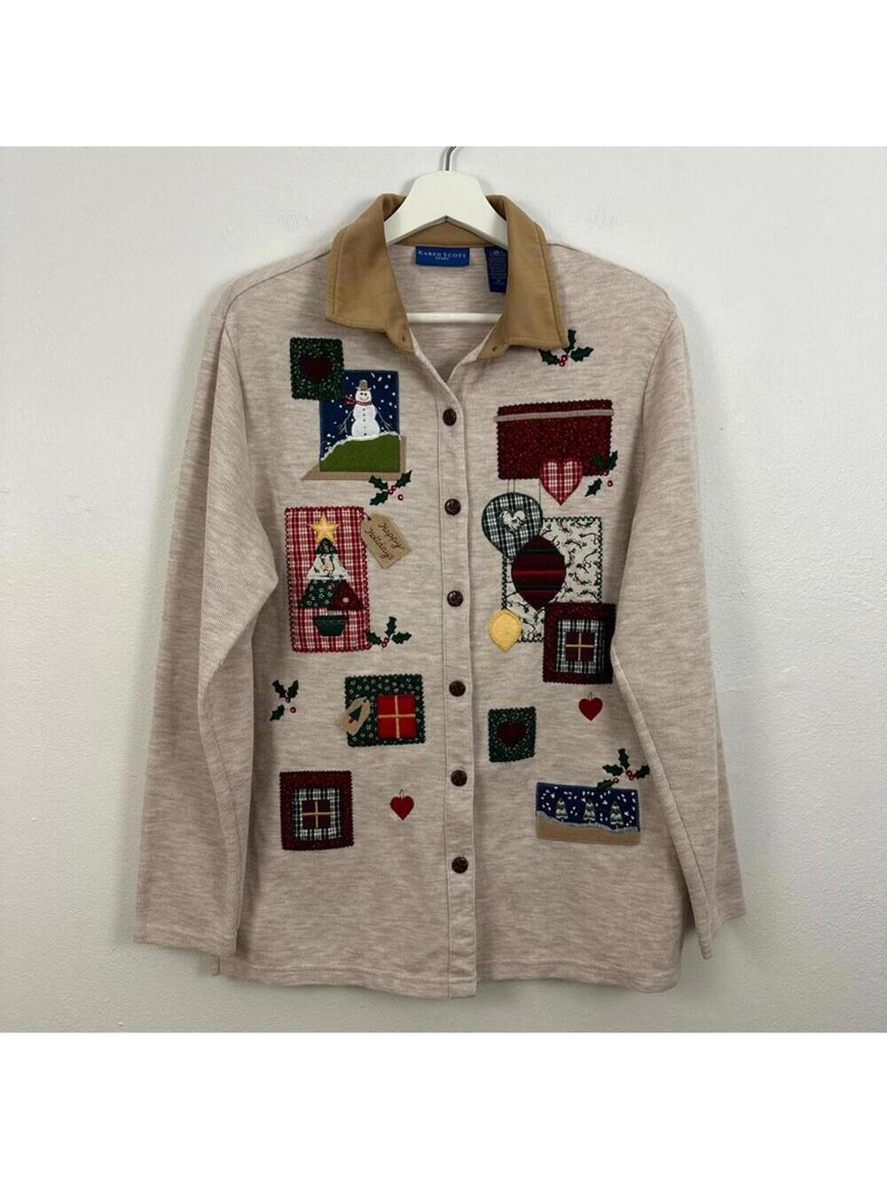 Karen Scott Women's Christmas Holiday Patchwork Grandma Button Down Shirt Size M